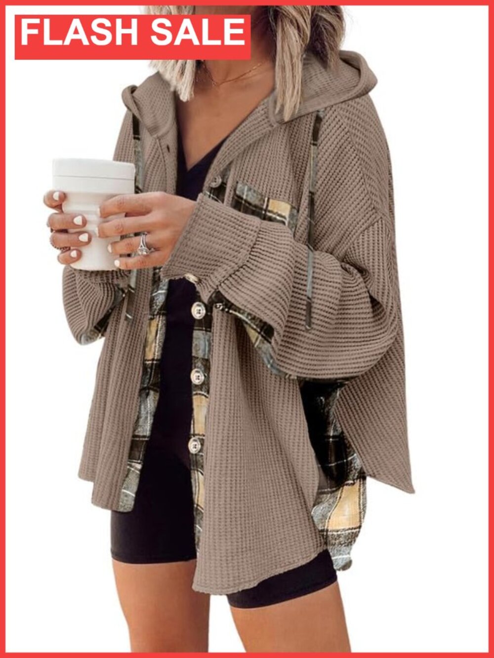 Waffle Knit Plaid Shacket Hooded Button Down Shirt Jacket